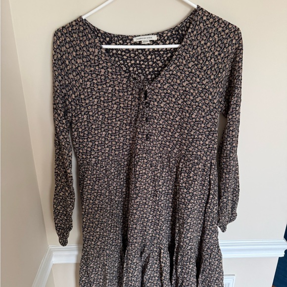 American Eagle Sz Small Long Sleeve Baby Doll Dress Button-Up V-Neck Tie Collar - Picture 2 of 8